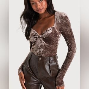 Lulus Essential Crush Taupe Velvet Long Sleeve Bodysuit Medium